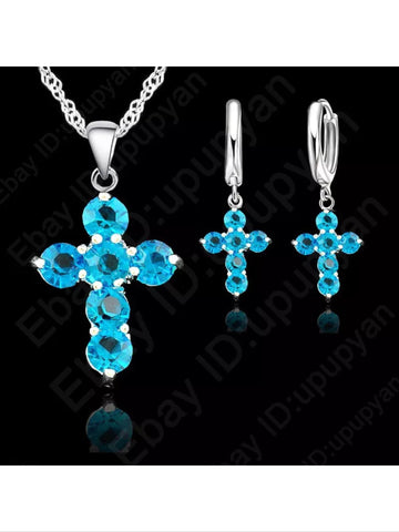 Sky blue cross necklace with matching earrings Sterling silver
