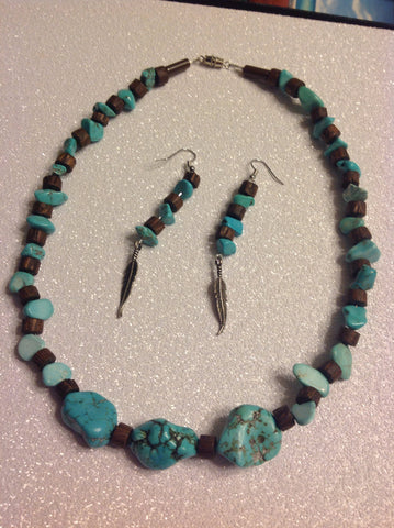 Teal and brown necklace and earrings