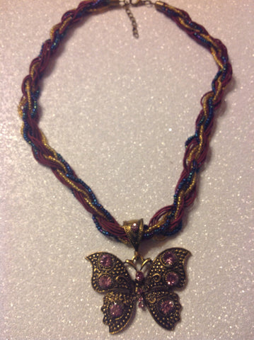 Lavender butterfly bronze beaded necklace