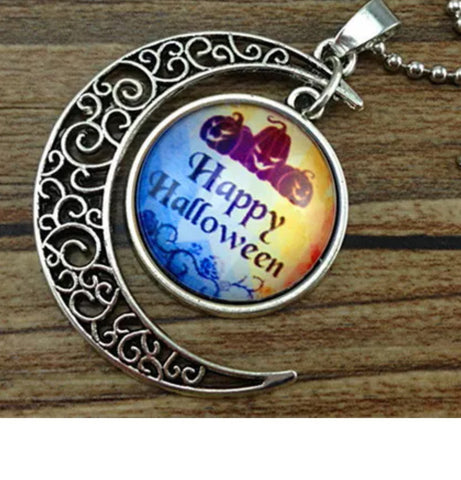 Happy Halloween moon cabochon necklace in silvertone