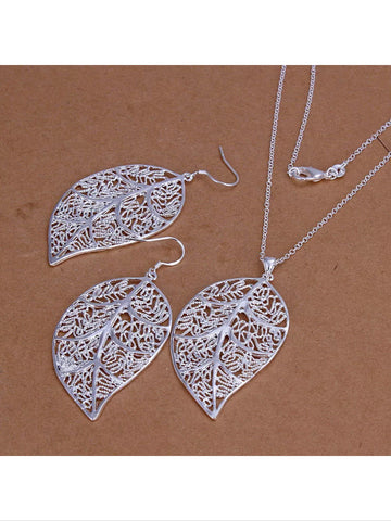 Silver plated leaf necklace and earrings