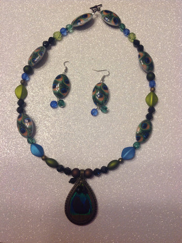 Peacock necklace with matching earrings