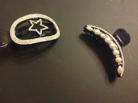 White chroma pearl and white star rhinestone black hair clips