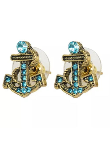 Rhinestone  blue anchor post earrings in bronze