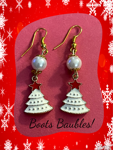 Handcrafted pearl and Christmas tree earrings