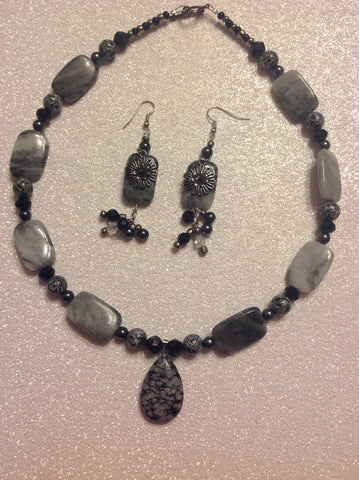 Grey/black marble necklace with matching earrings