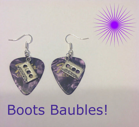 Cassette tape fender guitar pic earrings