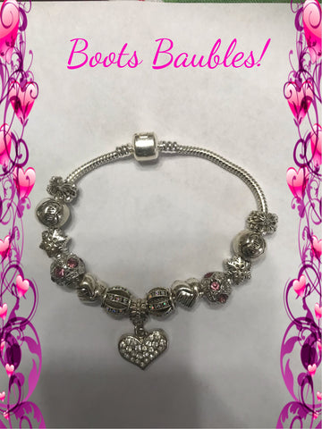 Pink rhinestone heart European bracelet