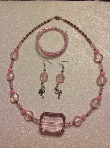 Pink flamingo necklace, bracelet and earrings