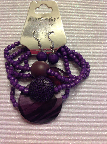 Purple beaded bracelet with earrings