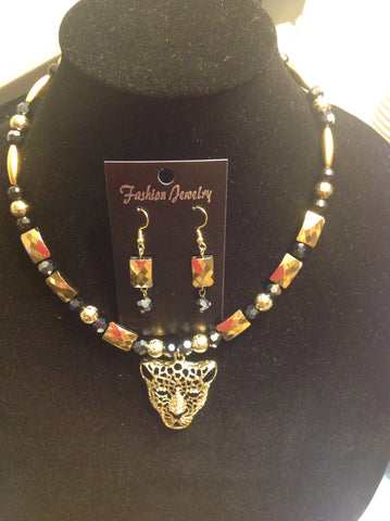 Leopard rhinestone necklace and earrings