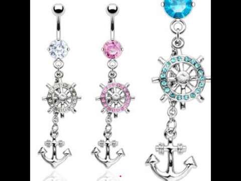 Rhinestone  anchor and ships wheel belly ring