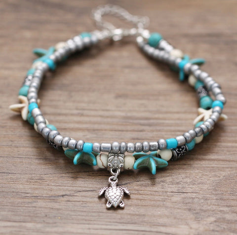 Turquoise turtle charm and starfish anklet