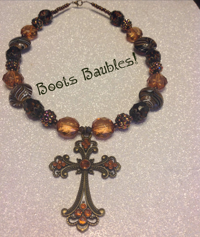 Large cross pendant beaded necklace