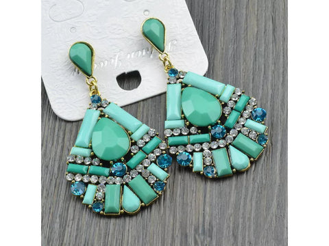 Green, blue and crystal neon stud dangle earrings