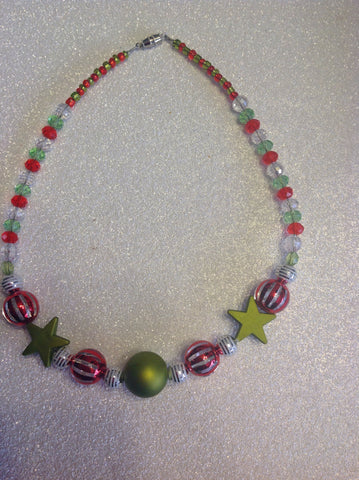 Red white and green star Christmas necklace
