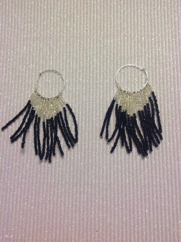 Silver and black beaded hoop earrings