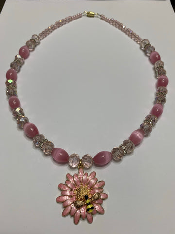 Pink flower and Bee beaded necklace. Beeee beautiful.