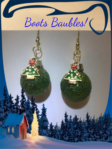 Green glitter tree Christmas bulb earrings