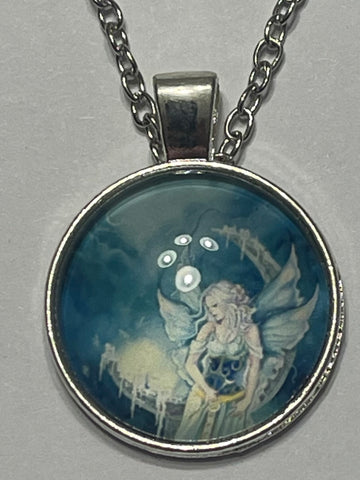 Fairy on the moon glass cabochon necklace