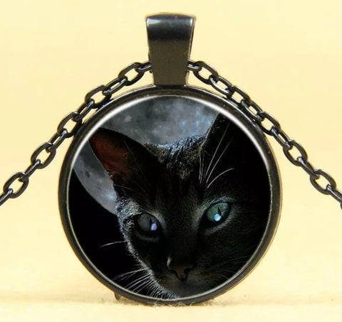 Black cat glass cabochon necklace