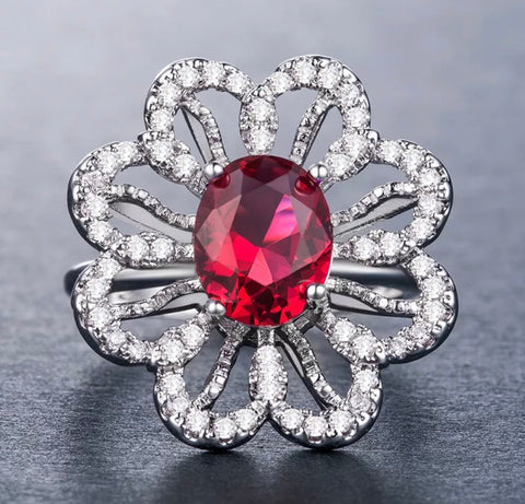 Red silver  oval flower ring