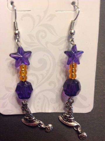 Witches hat pumpkin earrings in Silvertone and purple and orange