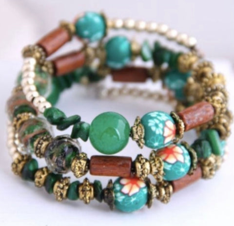 Green beaded memory wrap bracelet