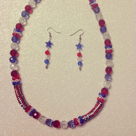 Rhinestone red white and blue necklace with earrings