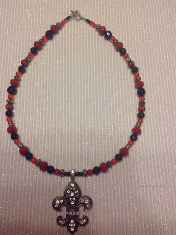 Red black and silver fleur de lis pendant necklace