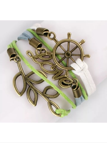 Green, blue and  white Leather nautical style bracelet