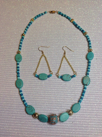 Blue teal and gold necklace and earrings