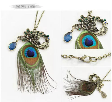 Peacock feather rhinestone necklace