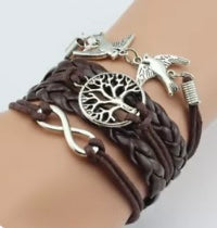 Leather tree of life, bird and infinity bracelet