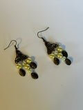 Brown filigree chandelier pearl and leaf earrings