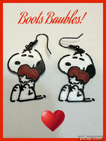 Snoopy hugging a heart 3D printed earrings