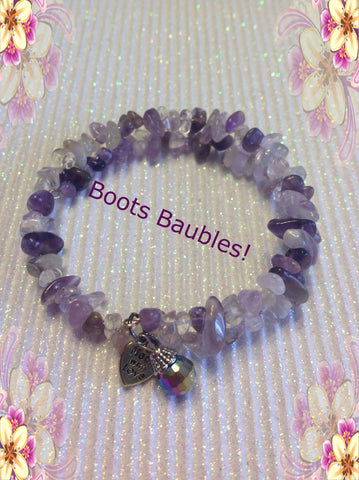Amethyst chip memory wrap bracelet with a  Made with love heart and glass colorful bead.