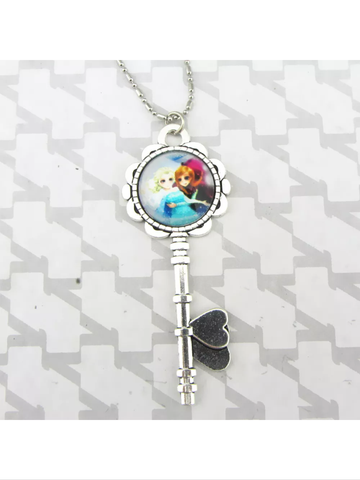 Elsa and Anna glass cabochon key necklace frozen