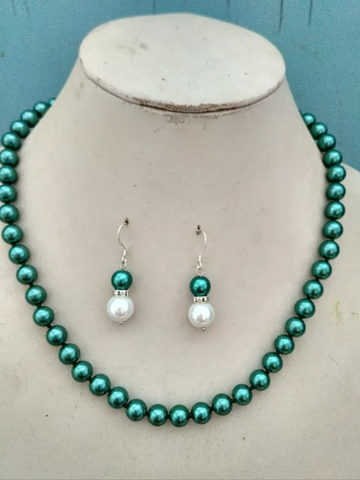 Green Glass Pearl Necklace and earring set