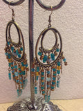 Feather chandelier earrings teal and bronze