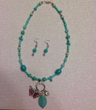 Butterfly necklace in blue and pink with earrings