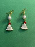 Handcrafted pearl and Christmas tree earrings