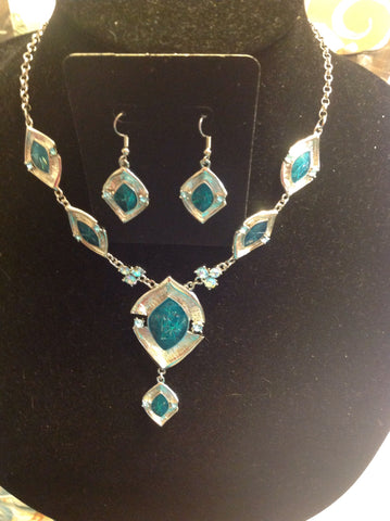 Teal and Silvertone necklace and earrings