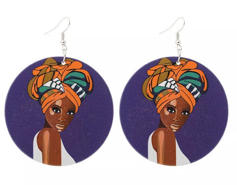African woman wood earrings
