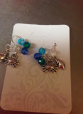 Blue and green beaded silver crab and seashell earrings