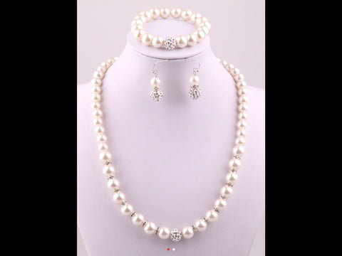 White imitation pearl and rhinestone necklace, bracelet and earrings