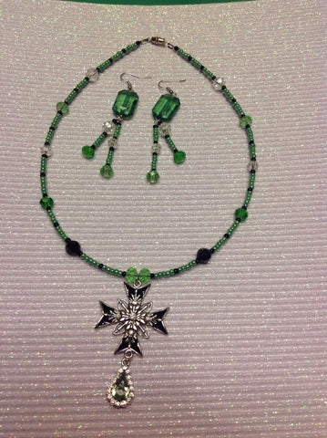 Green,black, crystal beaded necklace and earrings