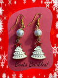 Handcrafted pearl and Christmas tree earrings