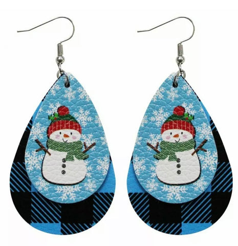 Blue plaid Christmas snowman earrings