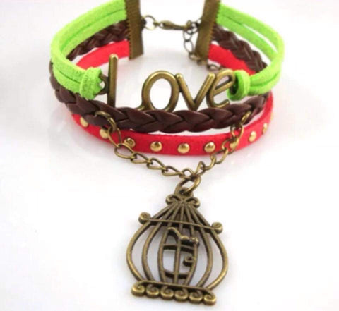 Bird cage, love charm leather style bracelet